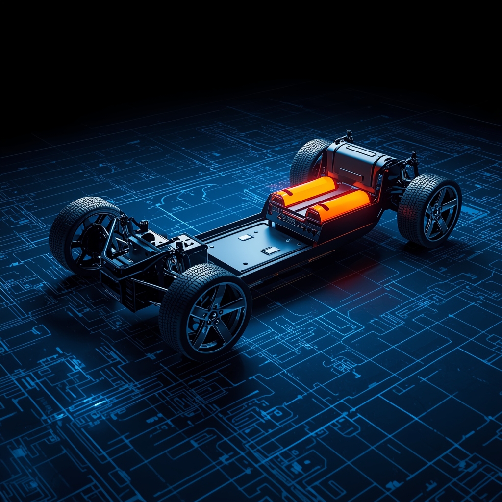 Modern electric car chassis blueprint overlay on a realistic car frame, glowing battery components, technical drawing style